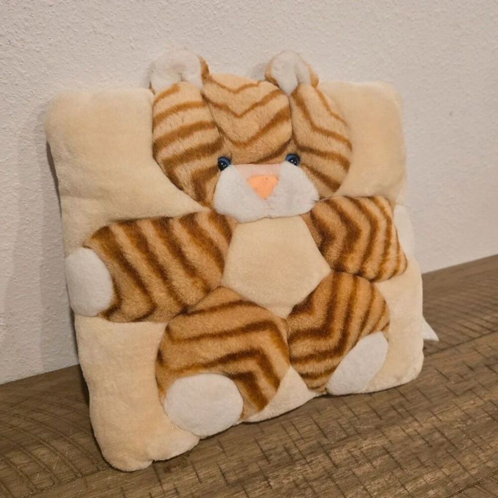 Vintage Plush Cat Pillow Orange Tabby Kitty Stuffed Animal Cream Square